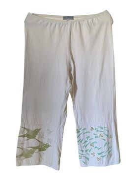 Blue Fish Beige Crop Pants with Green Bird and Leaf Motif